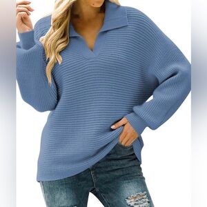 Womens Blue Oversized Sweater Trendy V Neck Collar Long Sleeve Knit Pullover. L